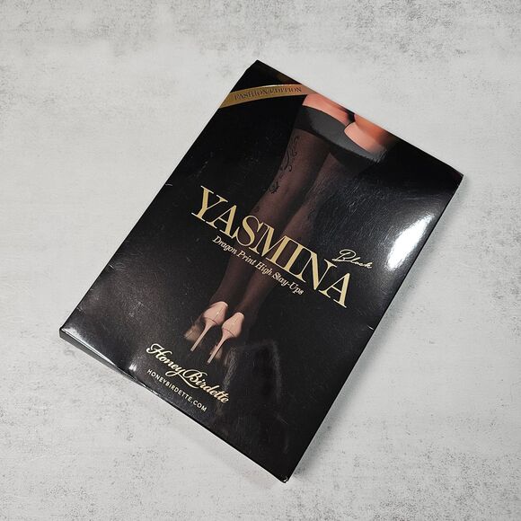 Honey Birdette Accessories - Honey Birdette Yasmina Black Stay Up Stockings Hosiery with Dragon Print Size L